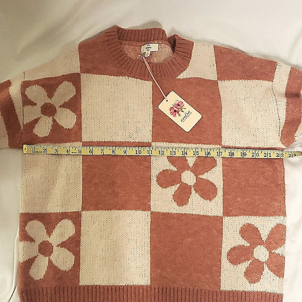 Entro Crew Neck Sweater Checkerboard Stripe Orange Cream Retro Hippie Boho